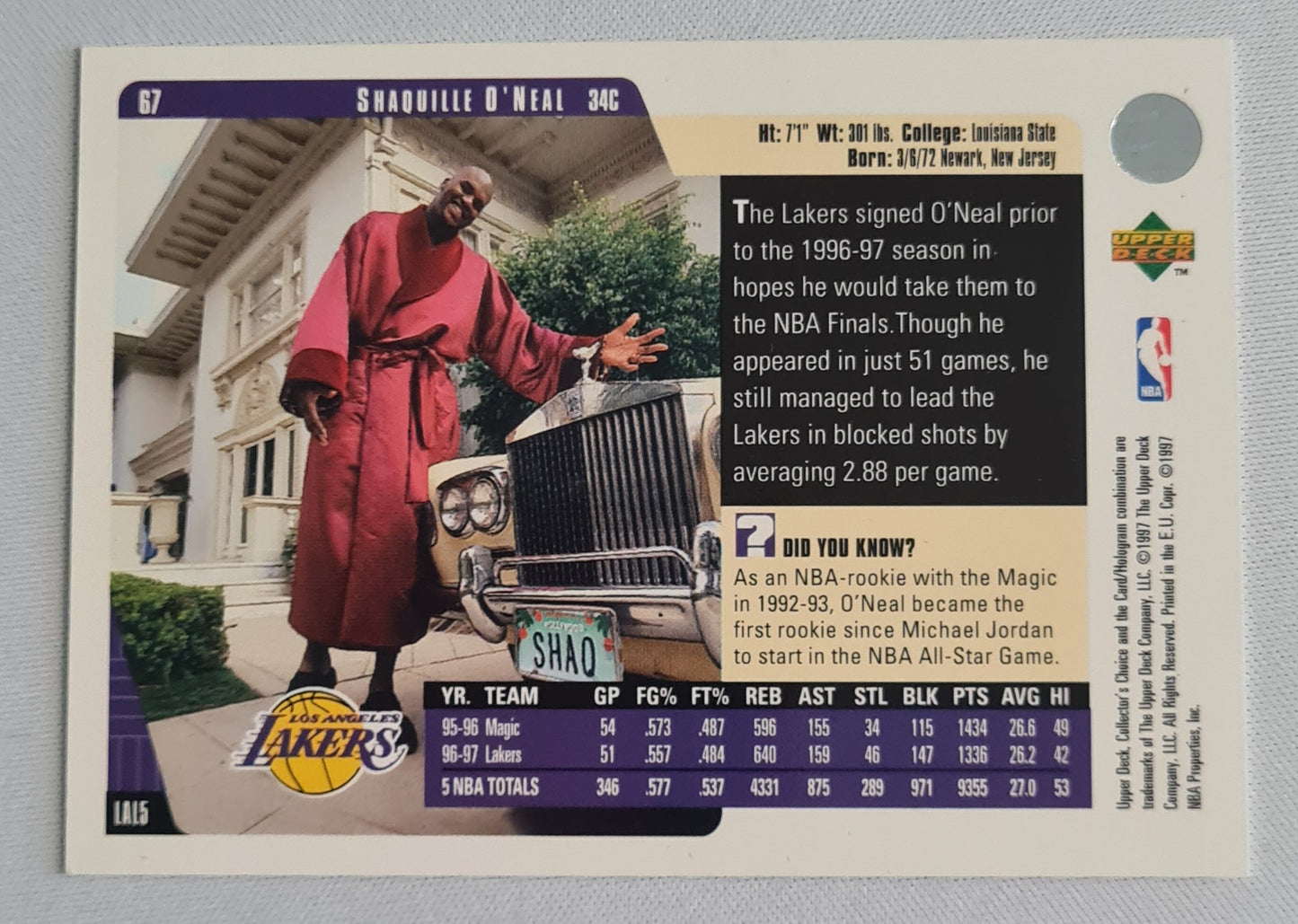 Shaquille O'Neal - 1997 Upper Deck Collector's Choice L.A. Lakers #67 (34C)