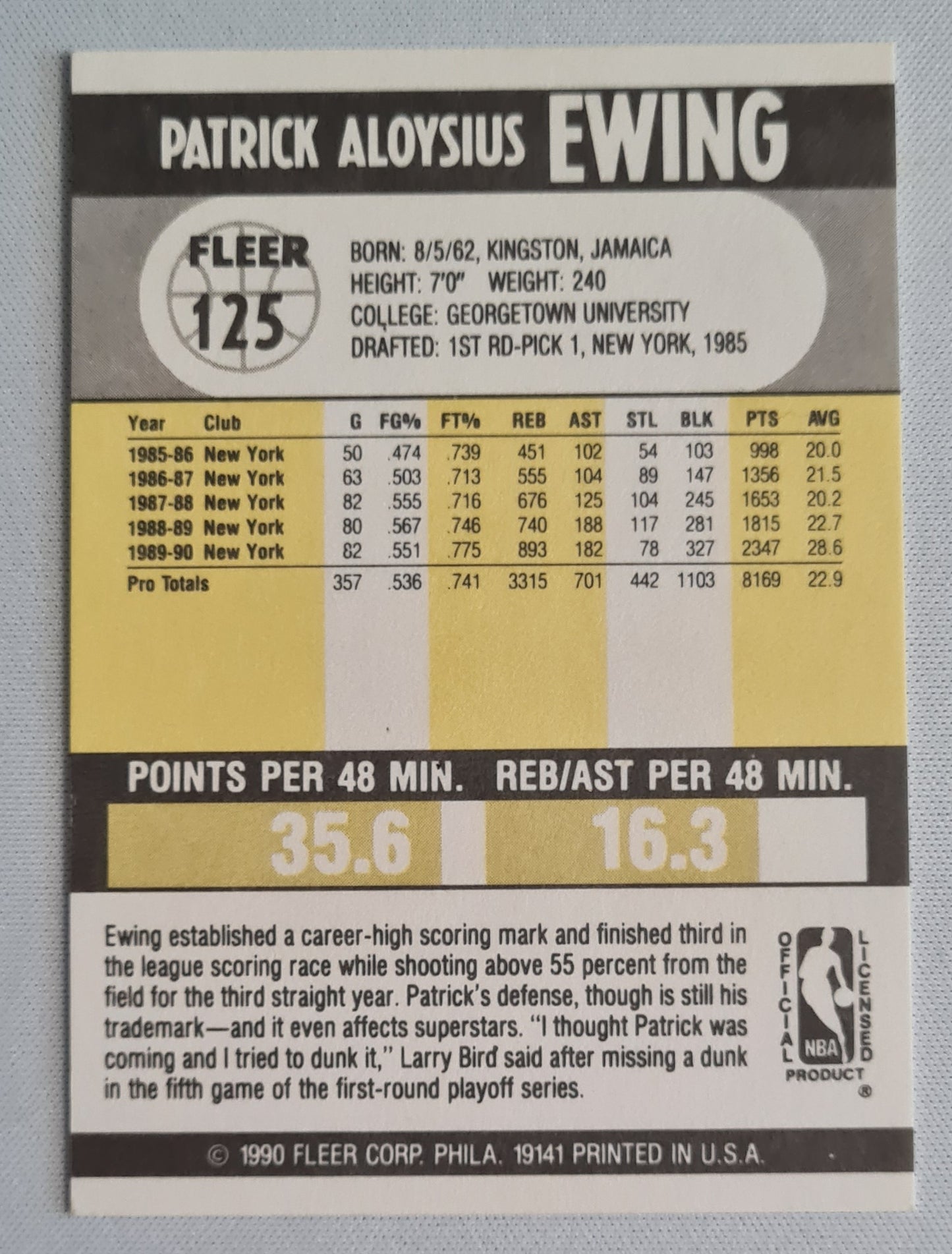 Patrick Aloysius Ewing - 1990 Fleer NBA NY Knicks "#125 - Center