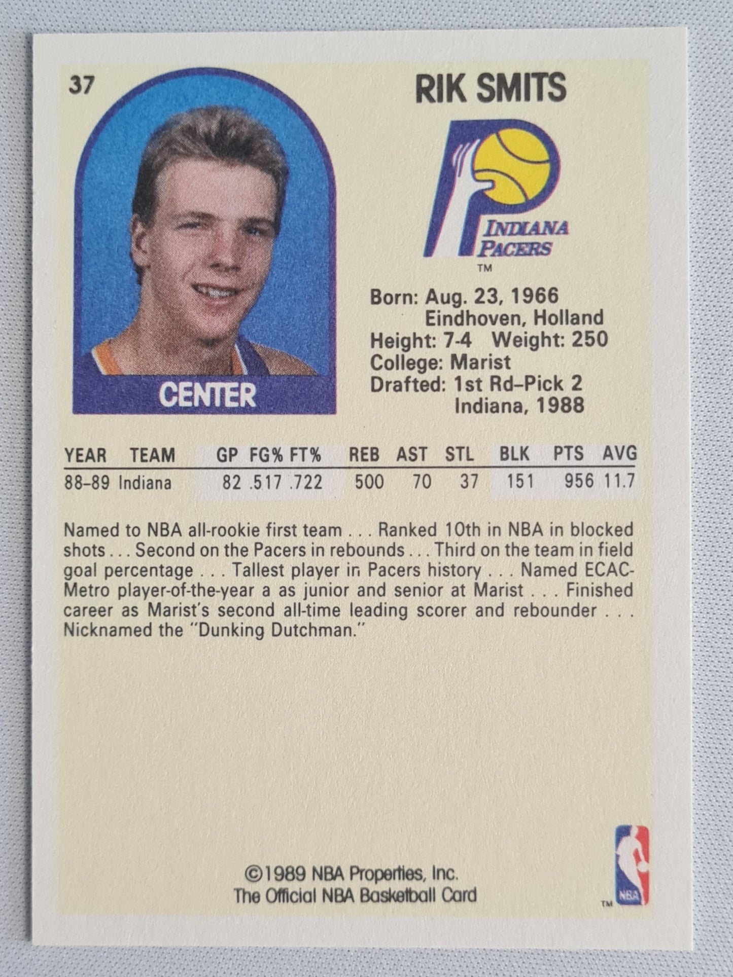Rik Smits - 1989 NBA Hoops Basketball Indiana Pacers #37 - Center