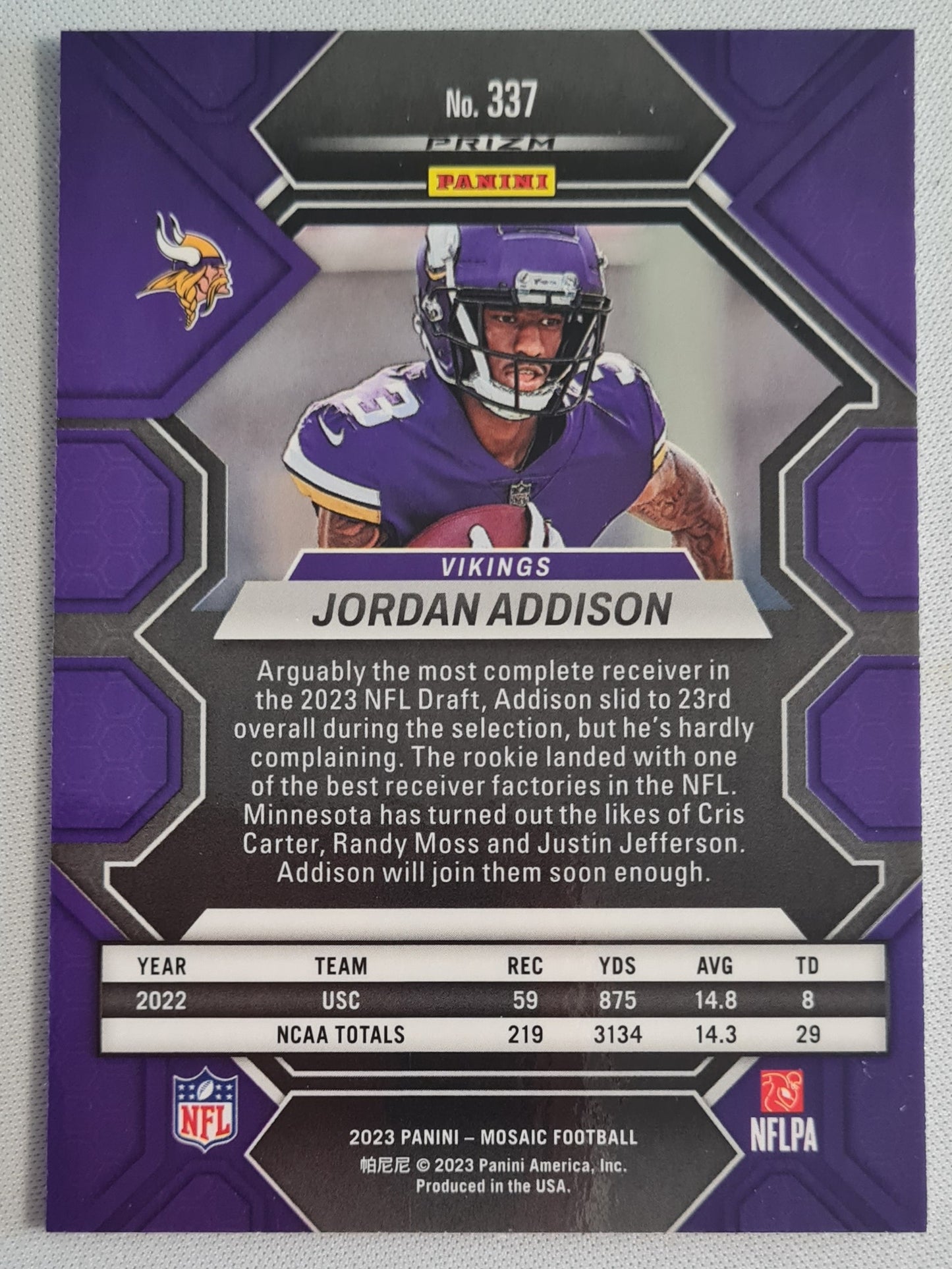 Jordan Addison - 2023 Panini Mosaic Football NFL Vikings #337 silver Prizm