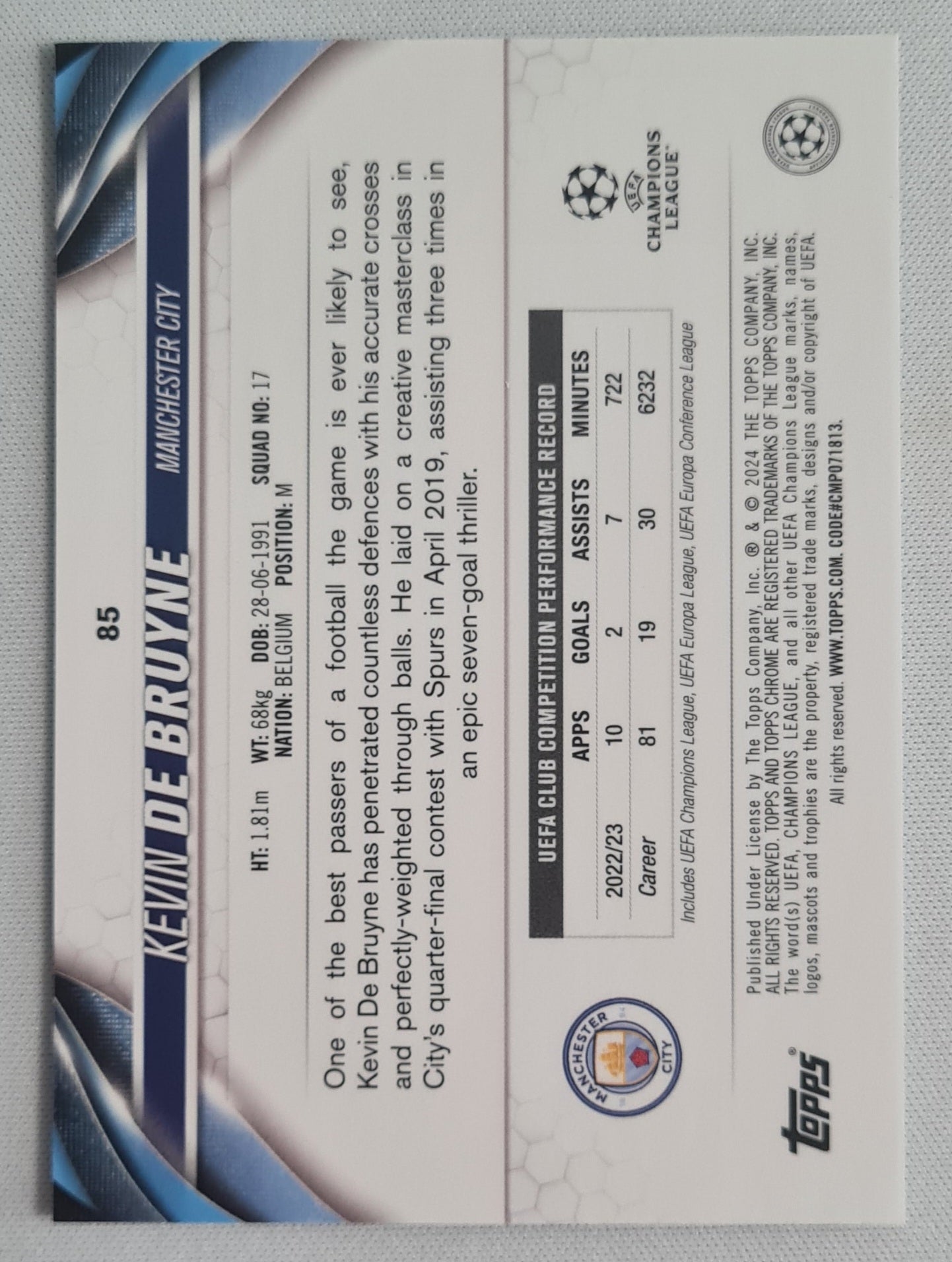 Kevin de Bruyne - 2024 Topps Chrome #85 Manchester City CL Aqua Prizm Refractor