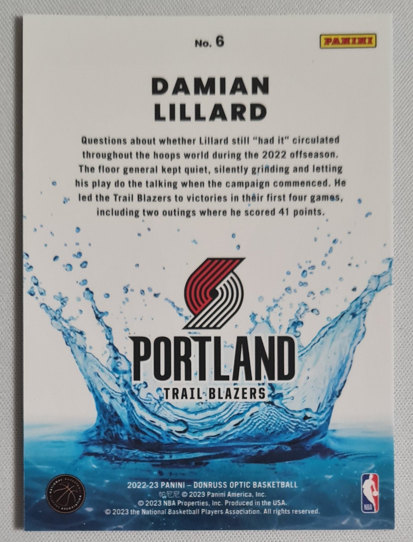 Damian Lillard - 2022 Panini Donruss Optic Basketball NBA Portland Trail Blazers #6 SPLASH !