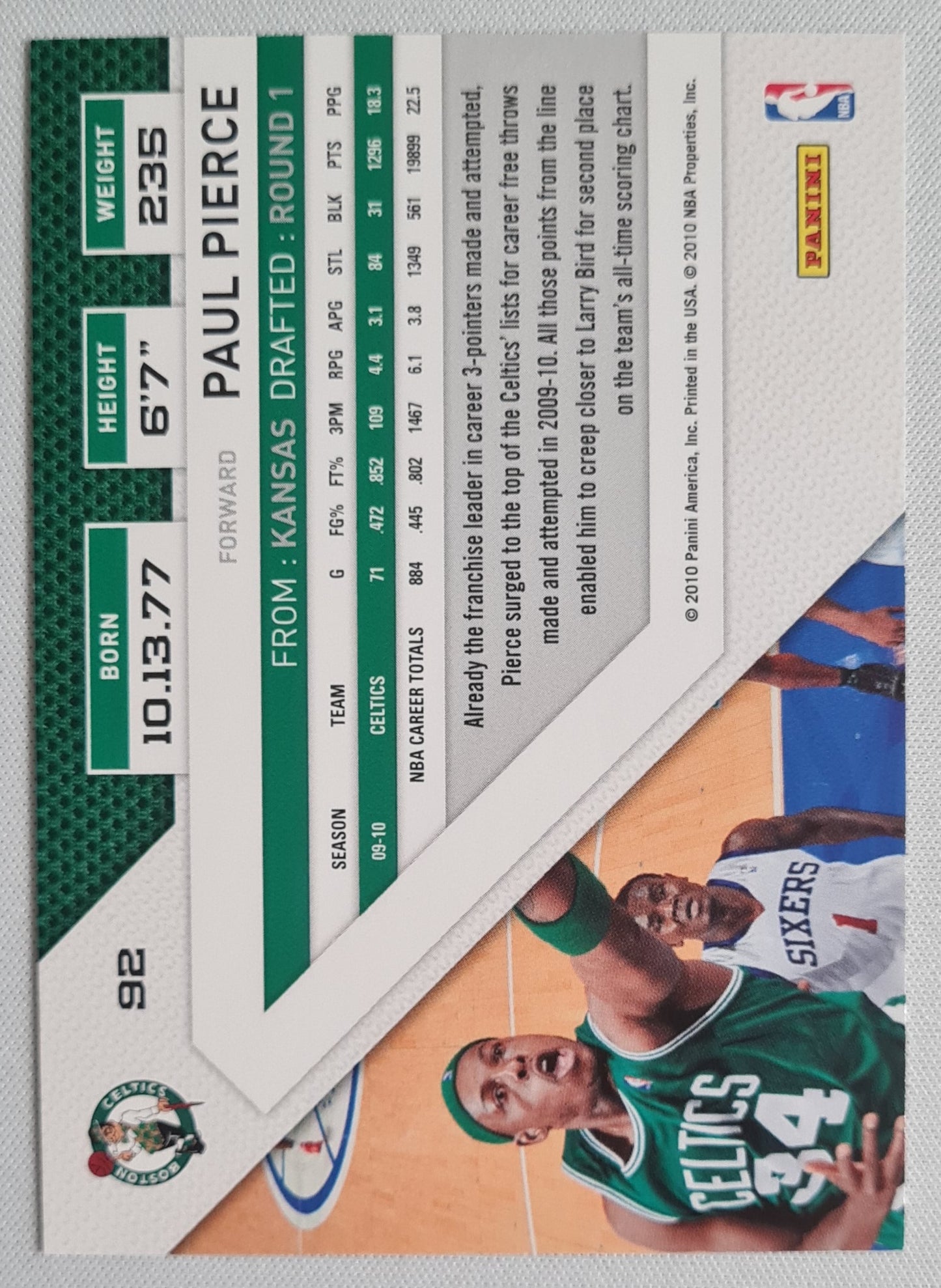 Paul Pierce - 2010 Panini  THREADS - NBA Basketball Boston Celtics