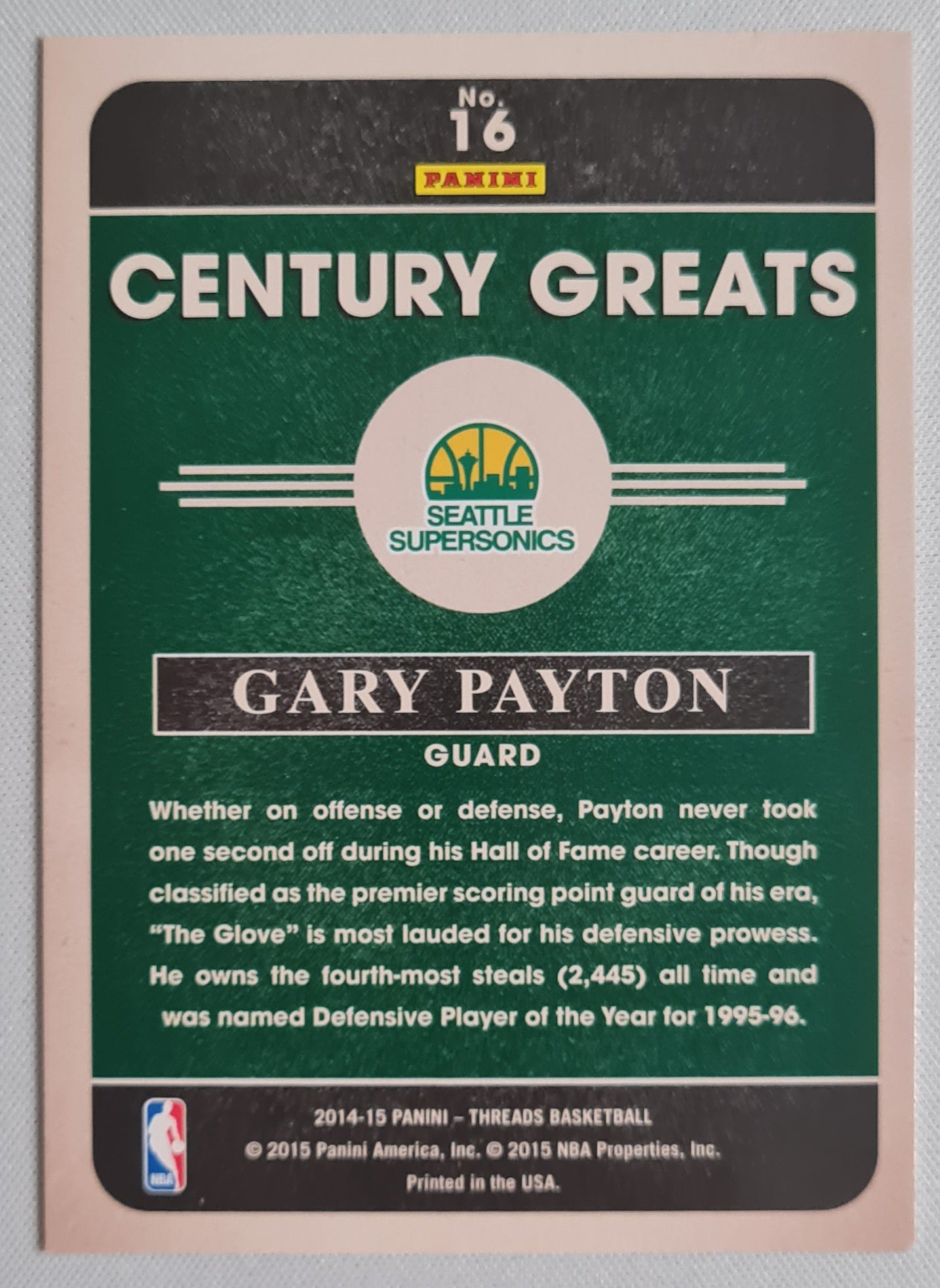 Gary Payton - 2014/15 Panini Threads Basketball "Century Greats" #16 Seattle Supersonics
