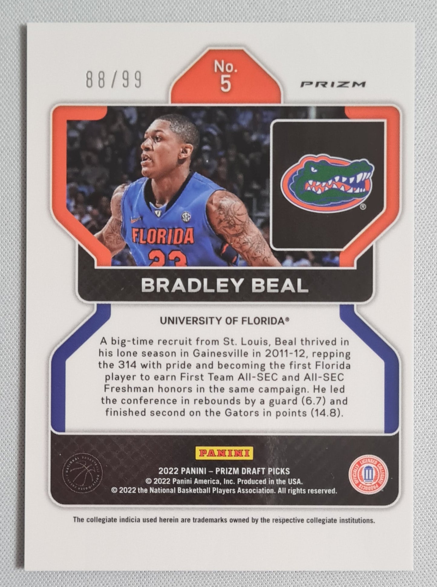 Bradley Beal - 2022 Panini Prizm Draft Picks #5 Florida Gators /99 Blue Ice