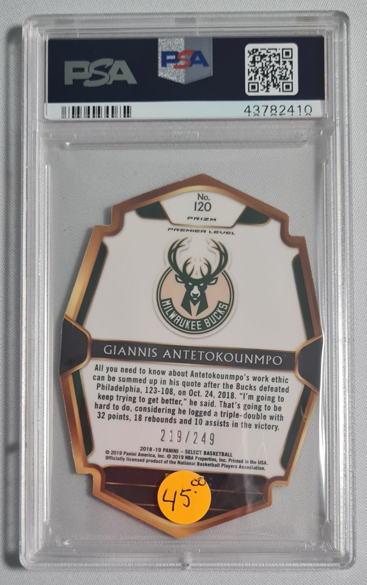 Giannis Antetokounmpo - 2018 Panini Select #120 Blue Die - Cut PSA 9