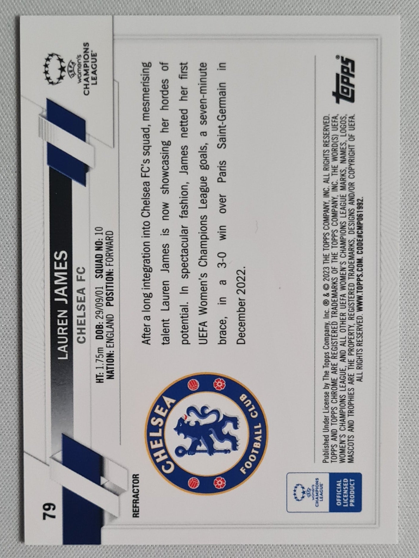 Lauren James - 2023 Topps Chrome #79 Chelsea FC Champions League Refractor