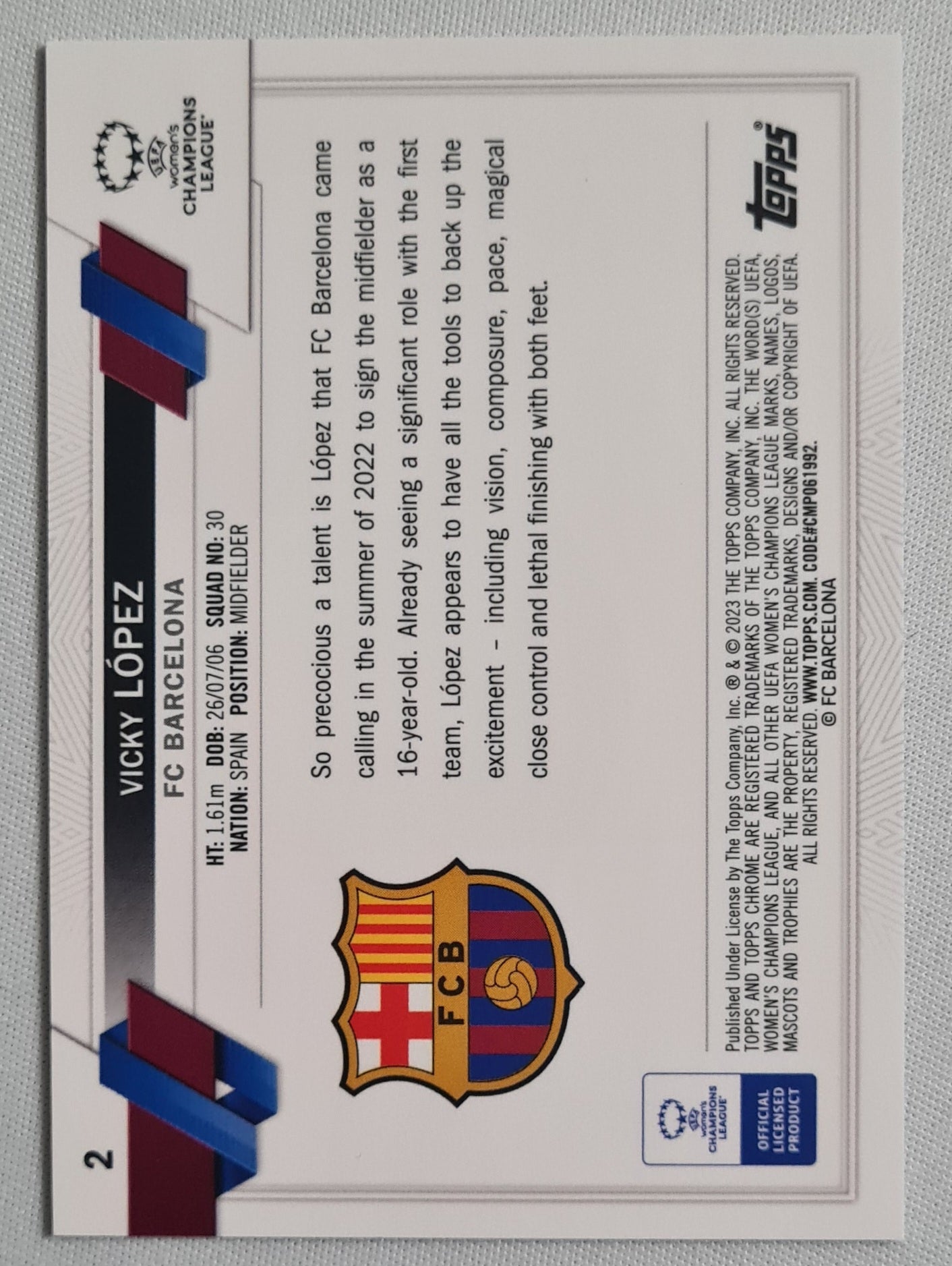 Vicky Lopez - 2023 Topps Chrome #2 FC Barcelona Women Champions League /250 Blue Refractor