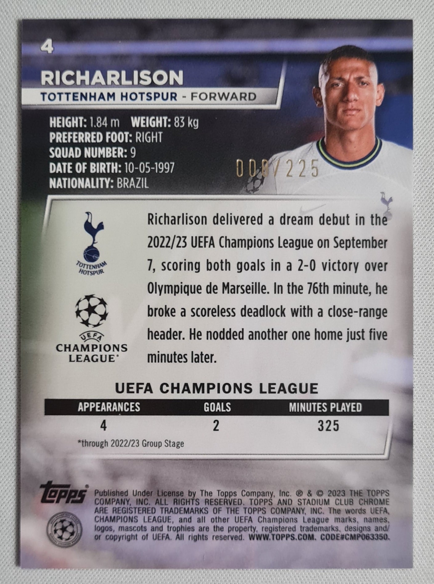 Richarlison - 2023 Topps Stadium Chrome #4 Tottenham Hotspur Champions League /225