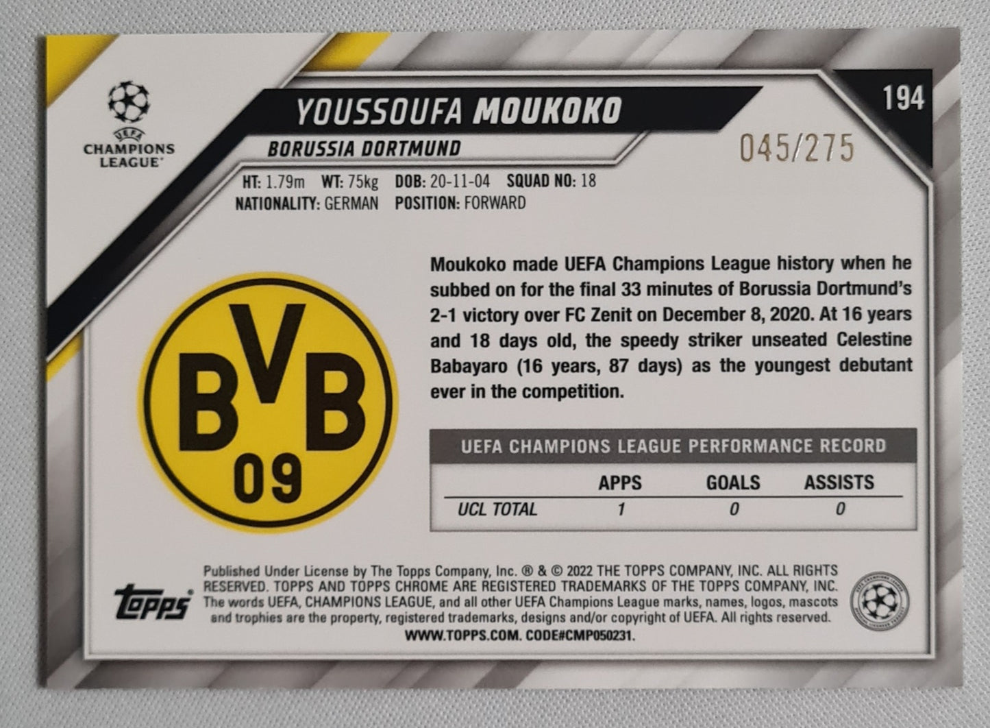 Youssoufa Moukoko - 2022Topps Chrome #194 Sparkle Foil  BVB Champions league /275