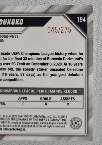 Youssoufa Moukoko - 2022Topps Chrome #194 Sparkle Foil  BVB Champions league /275