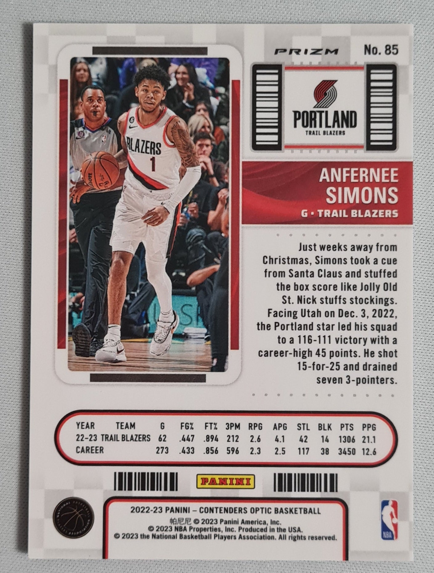 Anfernee Simons - 2022 Panini Contender Optic Basketball #85 Portland Trail Blazers Season Ticket BLACK Pandora
