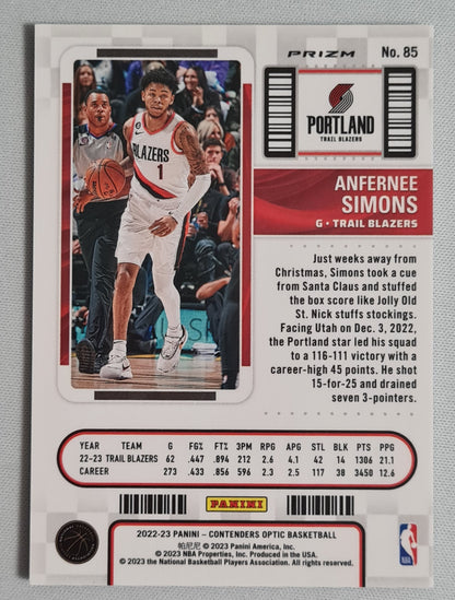 Anfernee Simons - 2022 Panini Contender Optic Basketball #85 Portland Trail Blazers Season Ticket BLACK Pandora