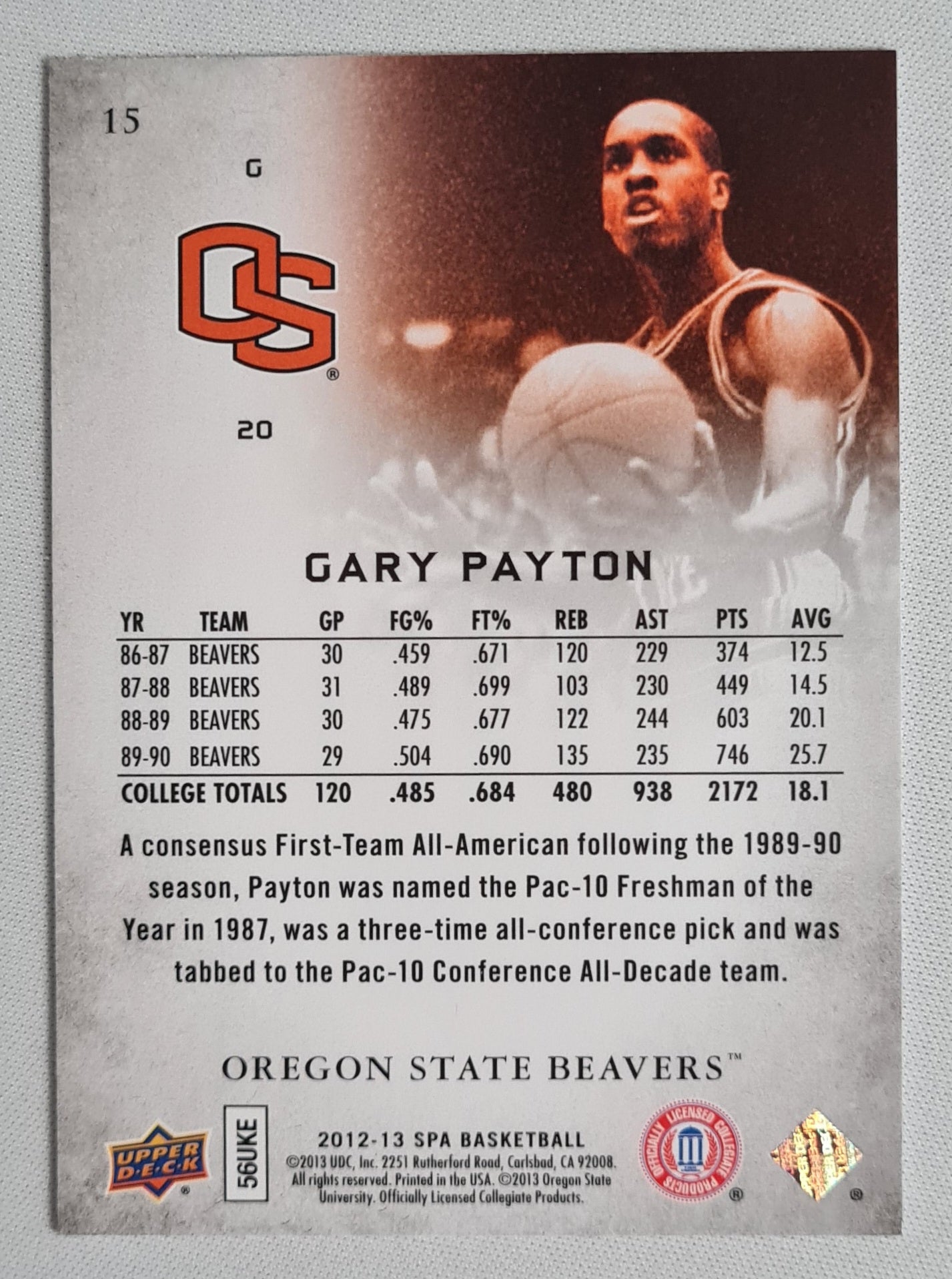 Gary Payton - 2012 Upper Deck Spa Basketball #15 Oregon State Beavers
