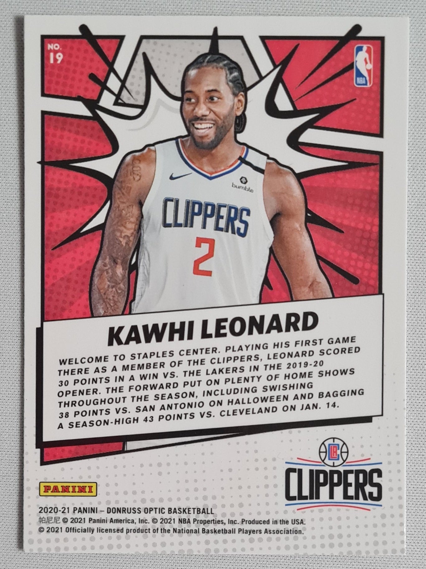 Kawhi Leonard - 2020/21 Panini Donruss Optic Basketball #19 NBA Clippers MY HOUSE!