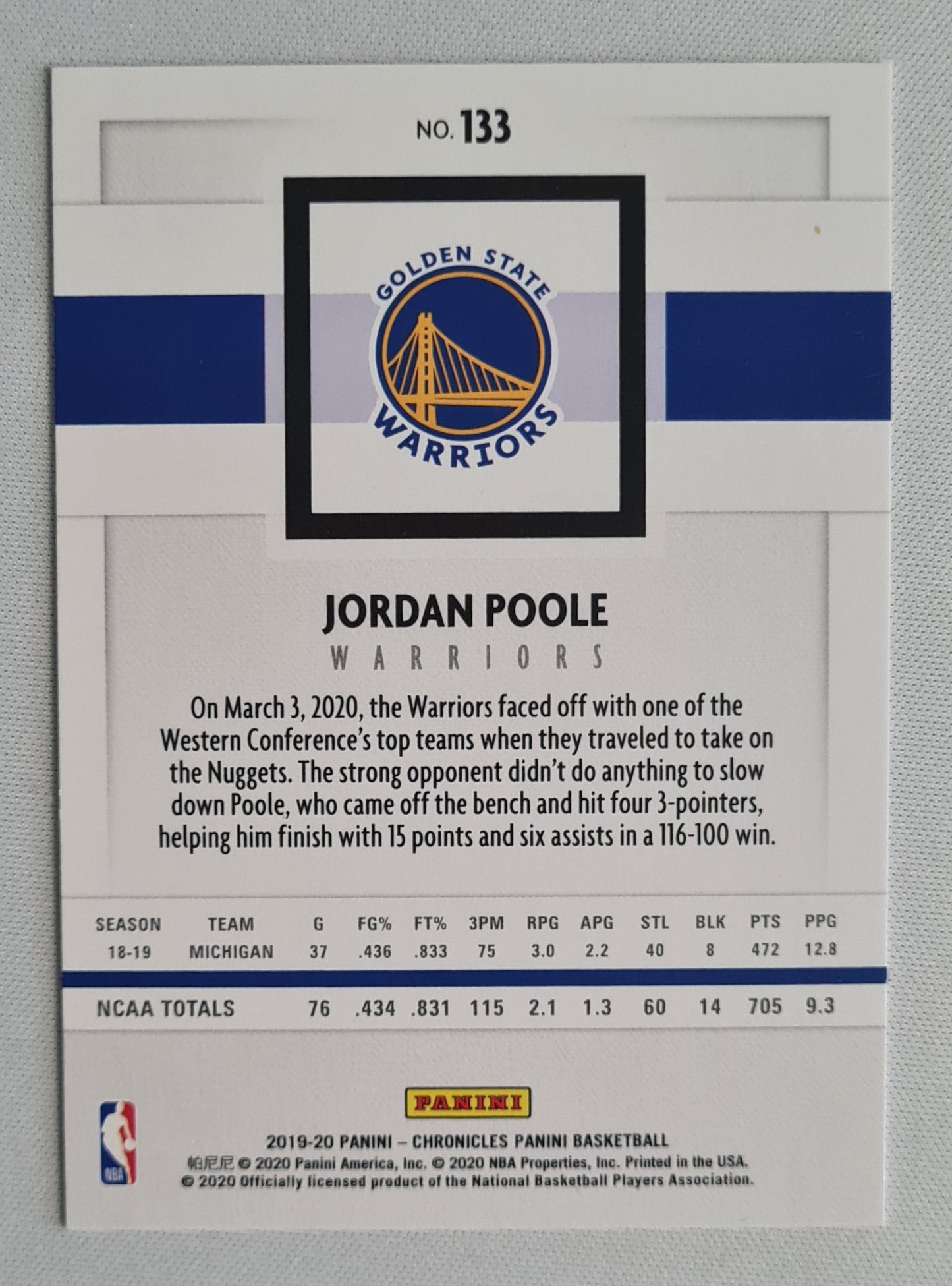 Jordan Poole - 2019/20 Panini Chronicles Panini Basketball #133 (RC) NBA Golden State Warriors