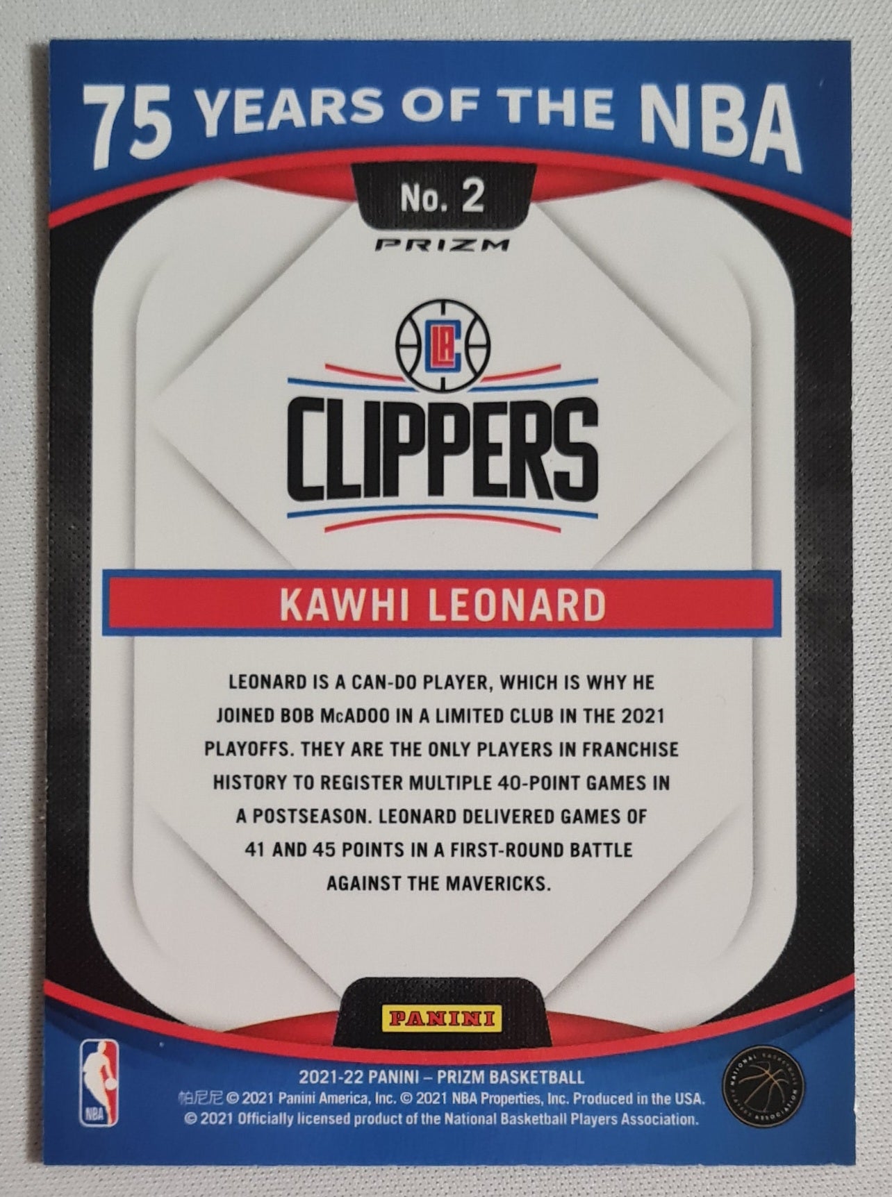 Kawhi Leonard - 2021/22 Panini Prizm Basketball #2 - 75 Years of the NBA Silver Prizm