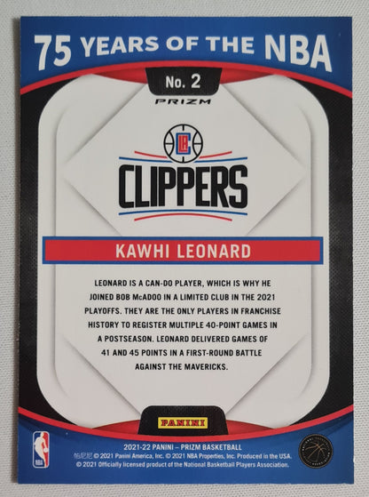 Kawhi Leonard - 2021/22 Panini Prizm Basketball #2 - 75 Years of the NBA Silver Prizm