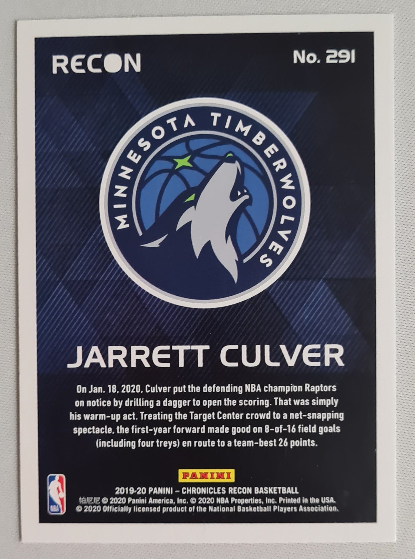 Jarrett Culver - 2019/20 Panini Chronicles Recon Basketball #291 (RC) NBA Minnesota Timberwolves Purple