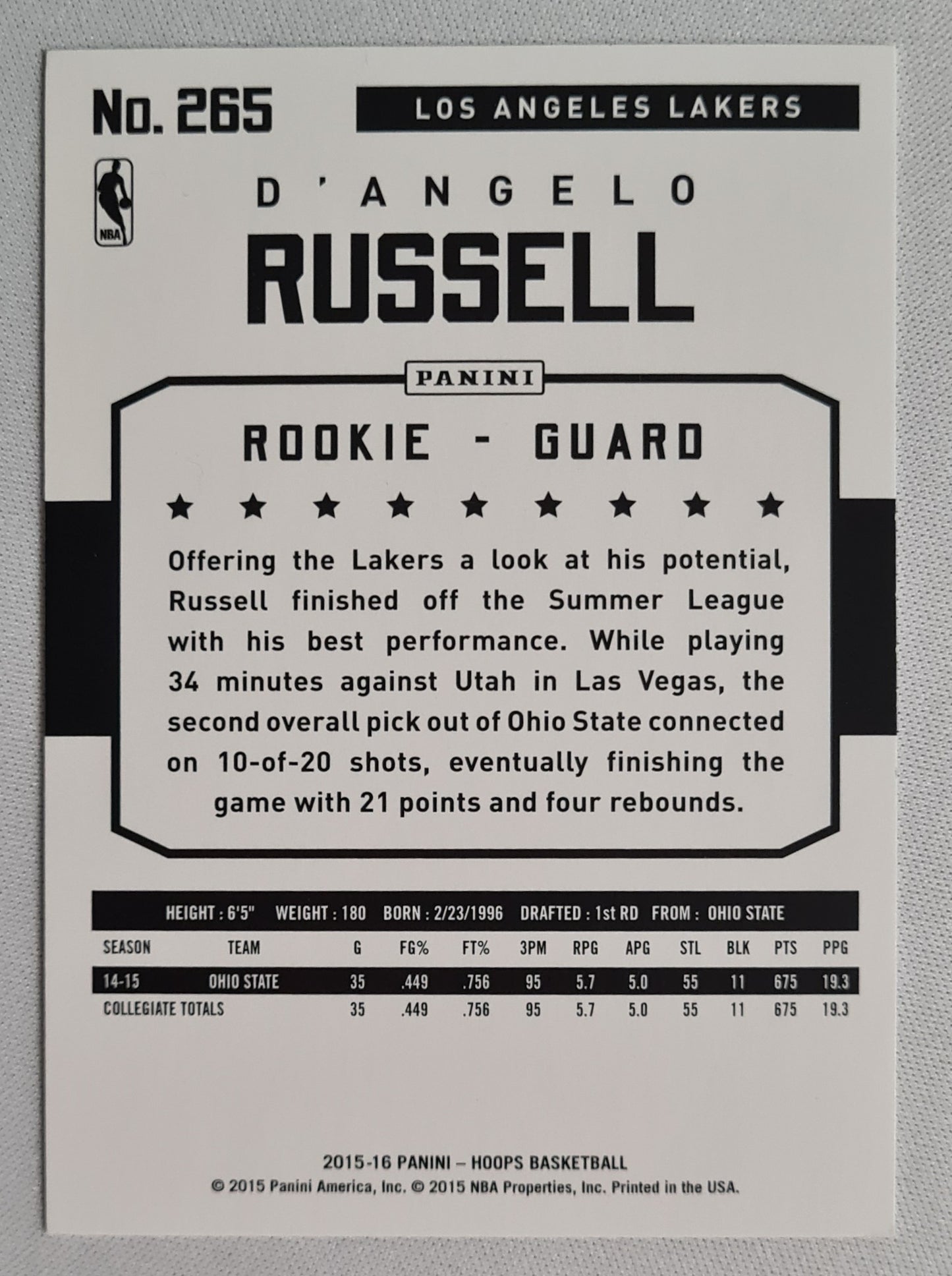 D' Angelo Russell - 2015/16 Panini Hoops Basketball #265 (RC) Rookie Guard L.A. Lakers