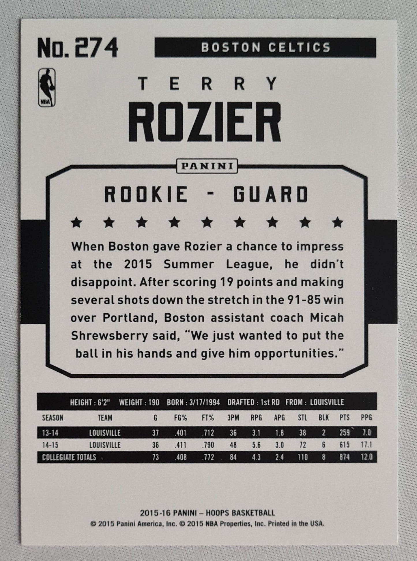 Terry Rozier - 2015/16 Panini Hoops Basketball #274 (RC) Boston Celtics Rookie Guard