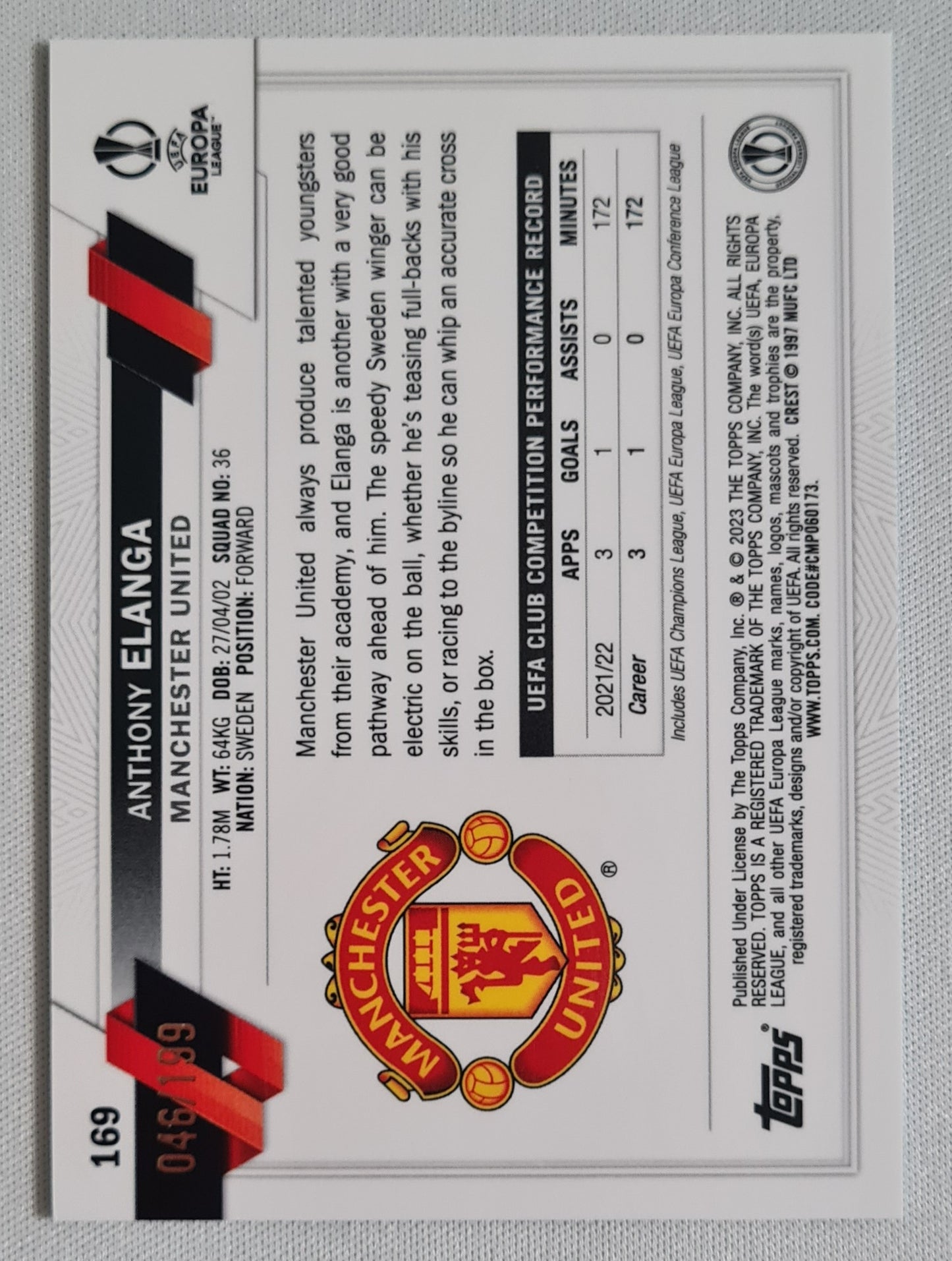 Anthony Elanga - 2023 Topps Chrome "Future Stars" #169 - Man United (EL) Aqua /199