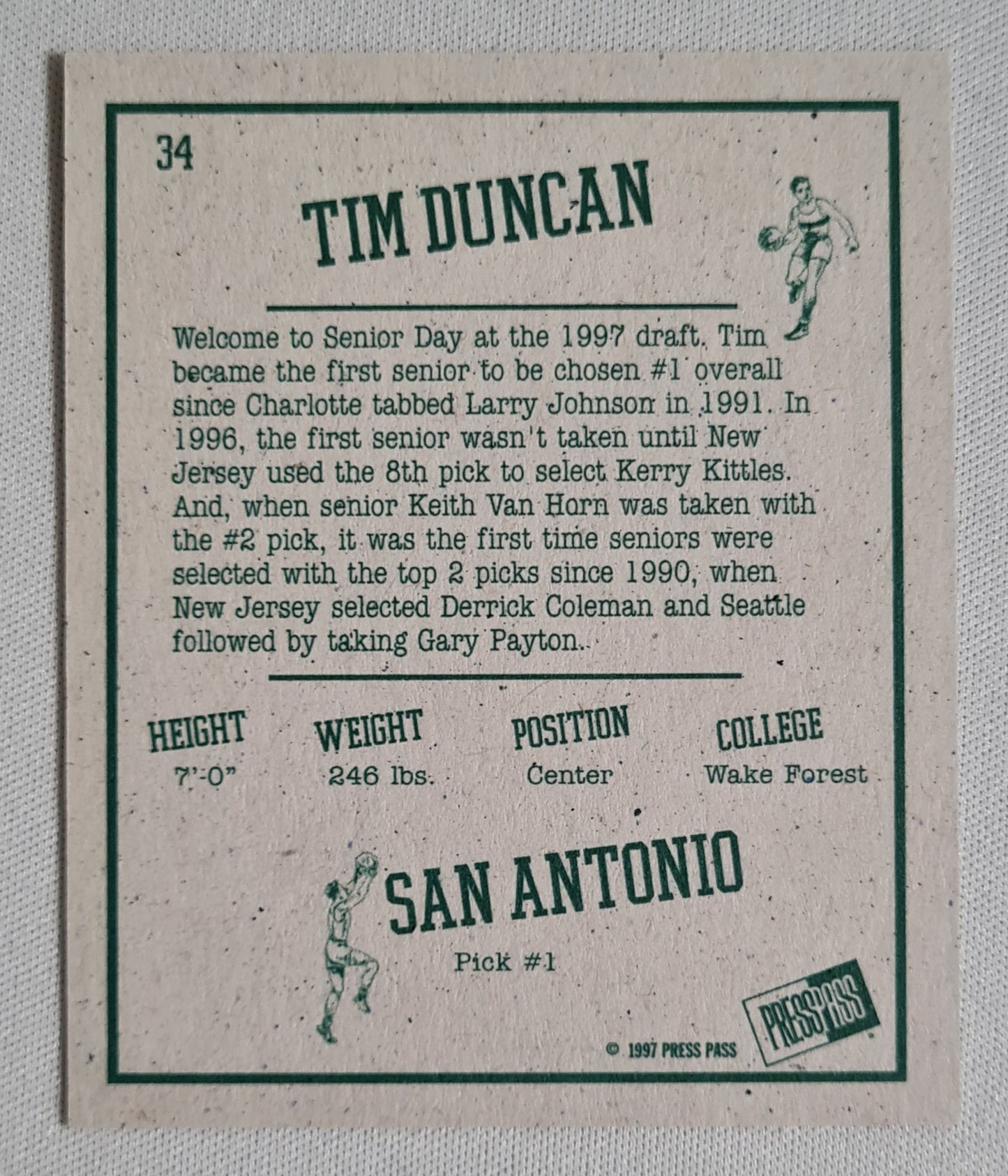 Tim Duncan - 1997 Press Pass #34 San Antonio Pick #1 "Retroactive"