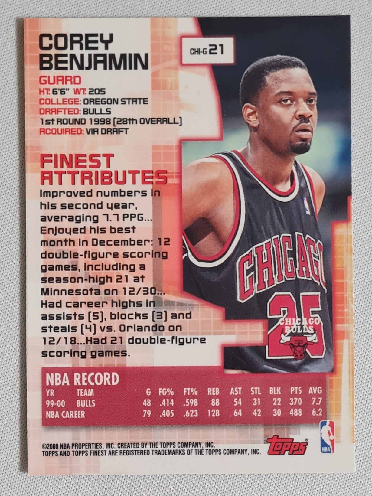 Corey Benjamin - 2000 Topps Finest "Finest Attributes" #CHI-G 21 - NBA Chicago Bulls