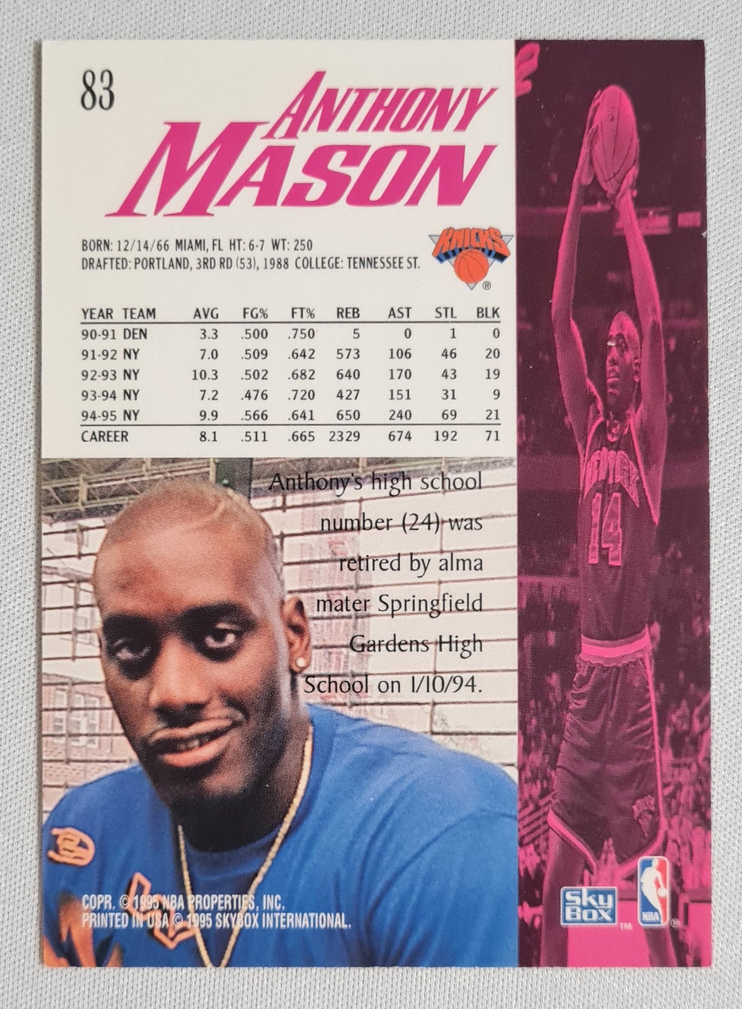 Anthony Mason - 1995 Skybox #83 NY Knicks - Gold logo