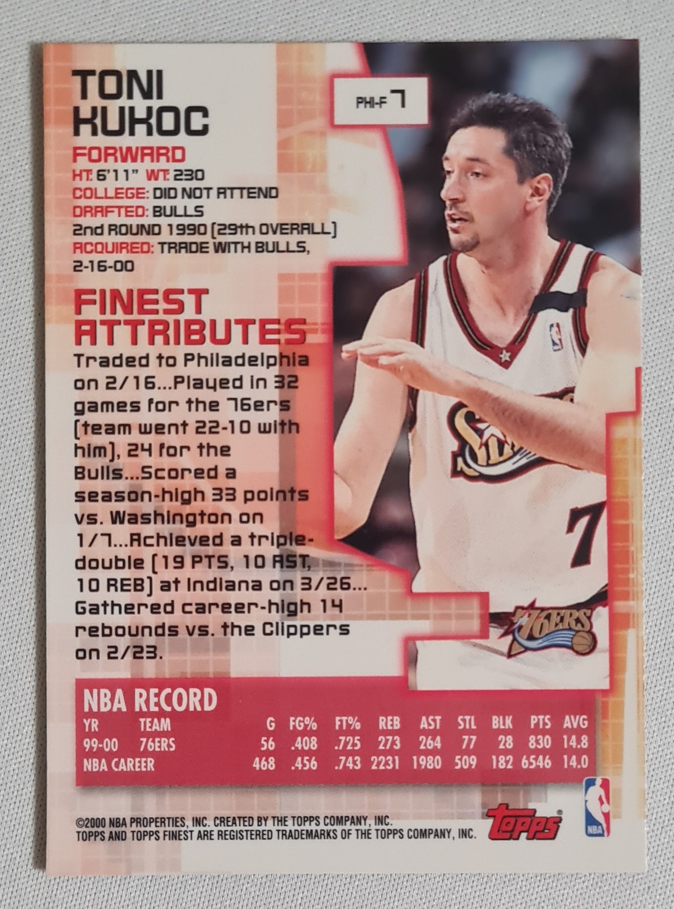 Toni Kukoc - 2000 Topps Finest #PHI-F 7 NBA 76ers