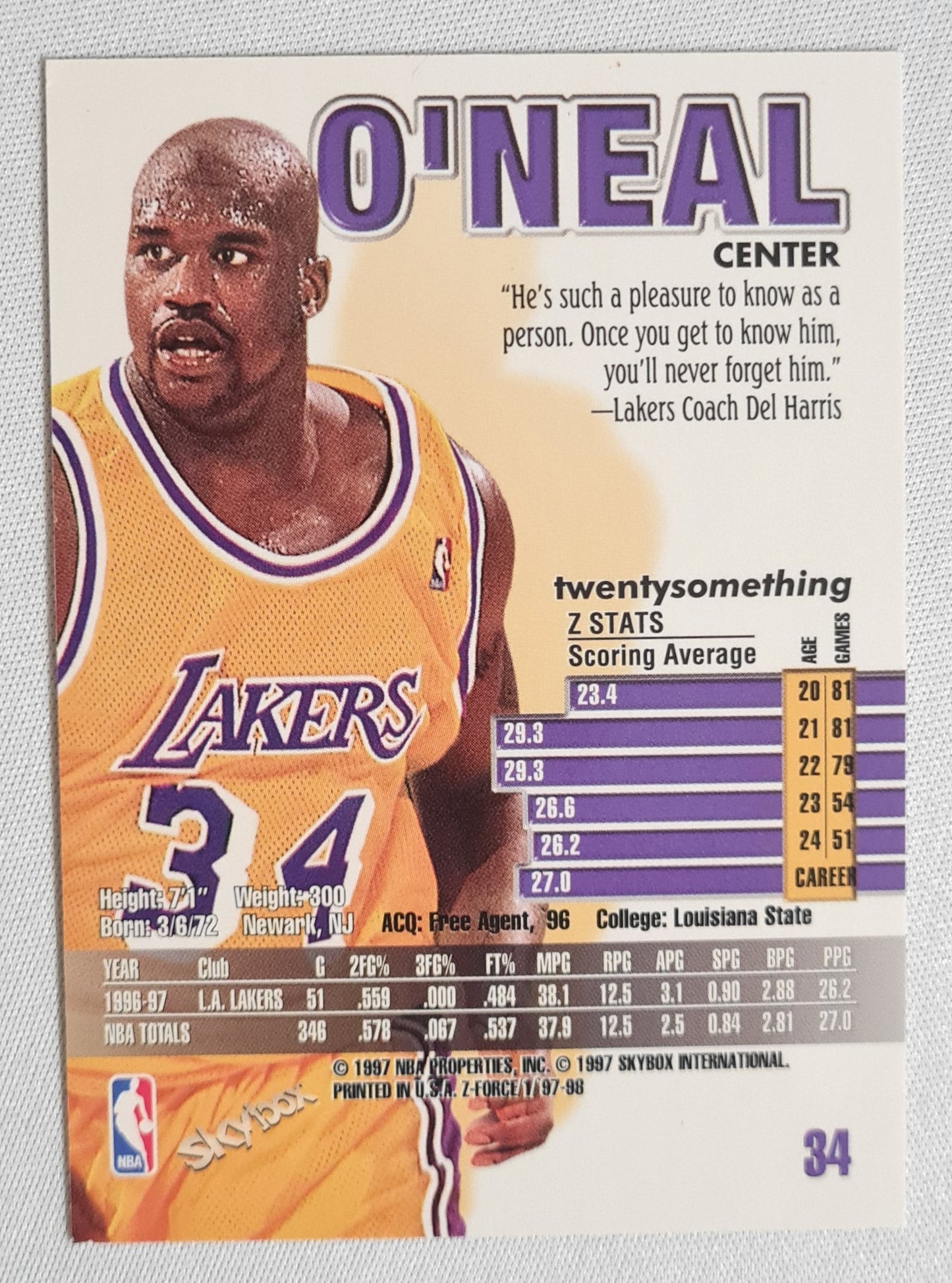 Shaquille O'Neal - 1997 Skybox Z-Force #34 NBA L.A. Lakers