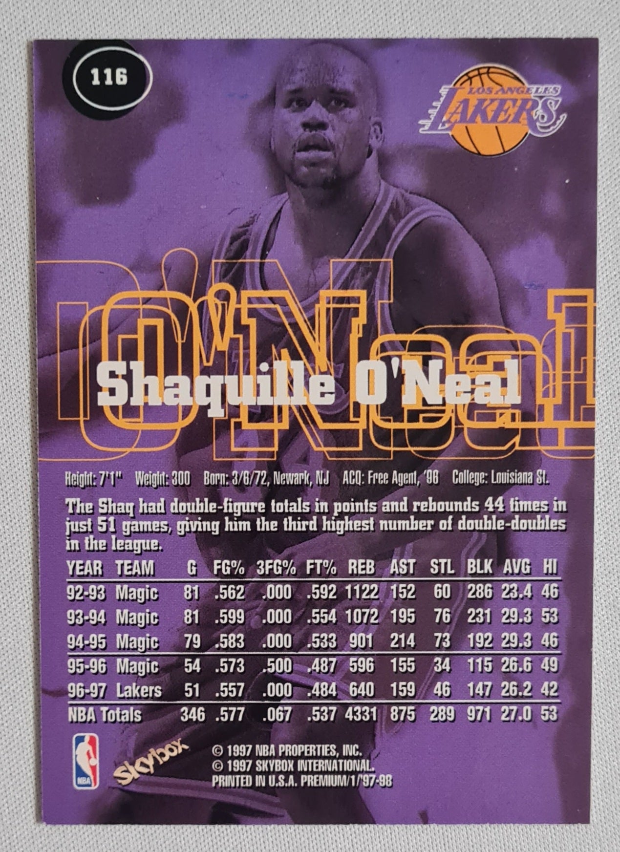 Shaquille O'Neal - 1997 SkyBox Premium/1/97-98 #116 NBA L.A. Lakers
