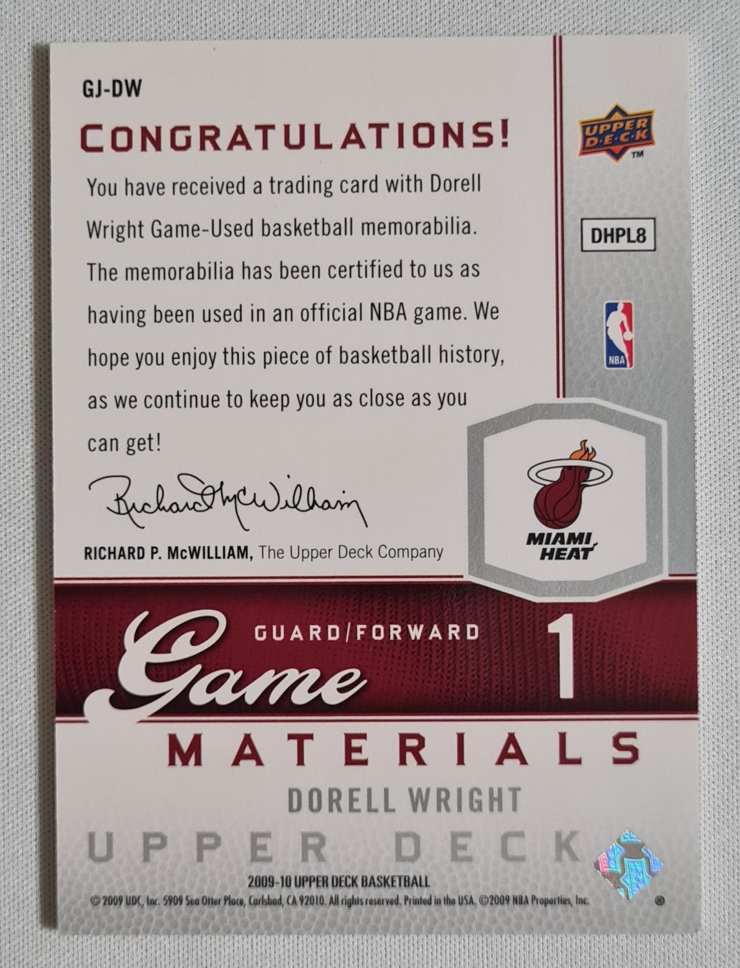 Dorell Wright - 2009/10 Upper Deck Basketball #GJ-DW /550 + Patch