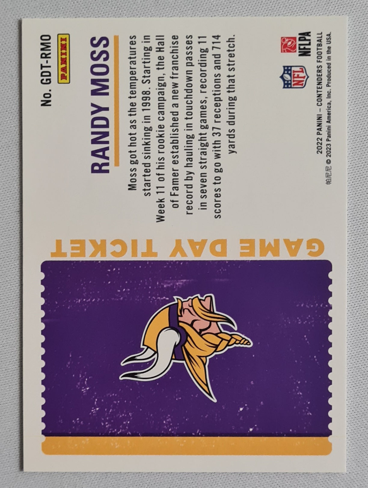 Randy Moss - 2022 Panini Contender Football #GDT-RMO Game Day Ticket
