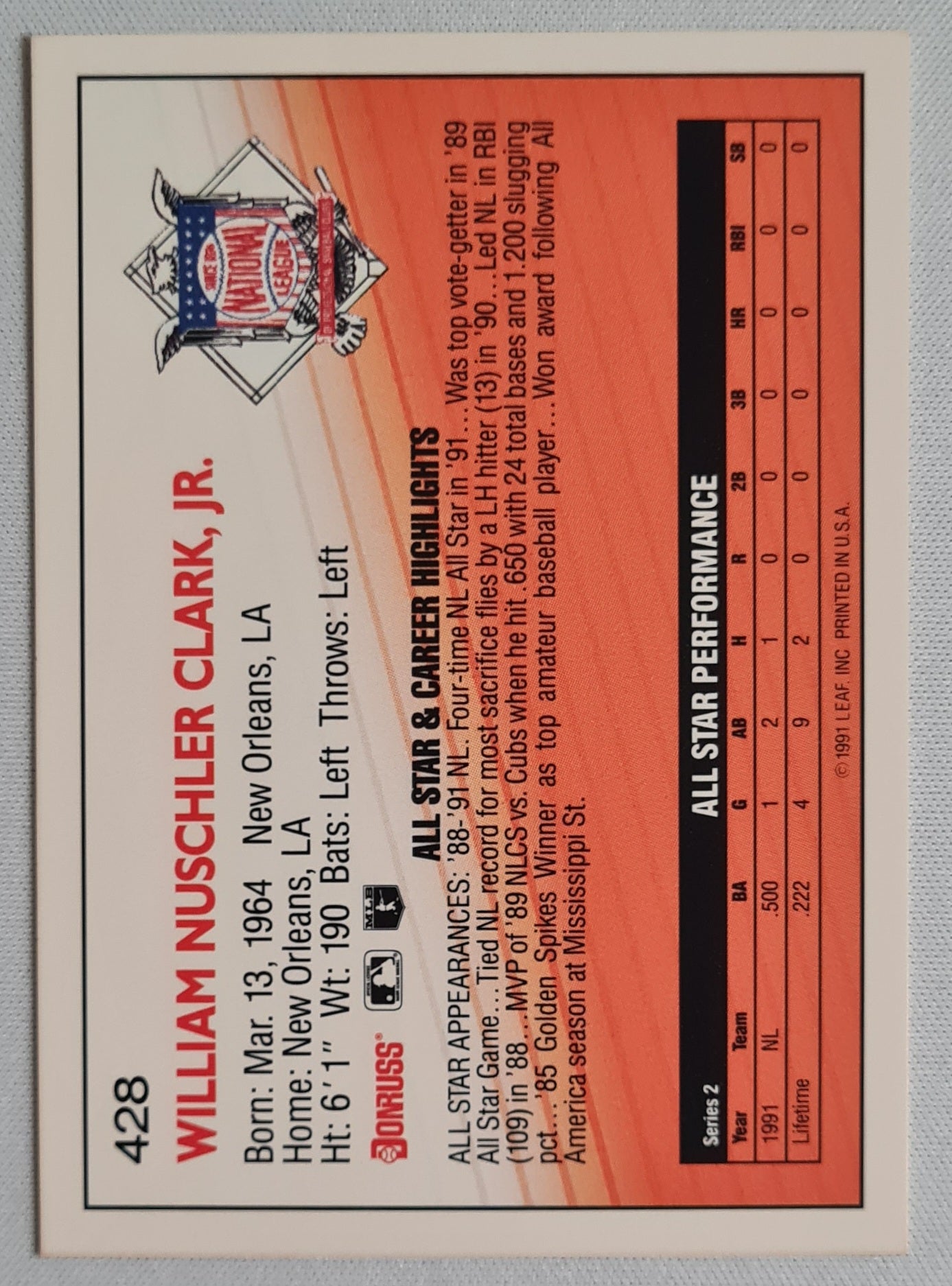 Will Clark - 1991 Leaf Donruss Giants - First Base #428