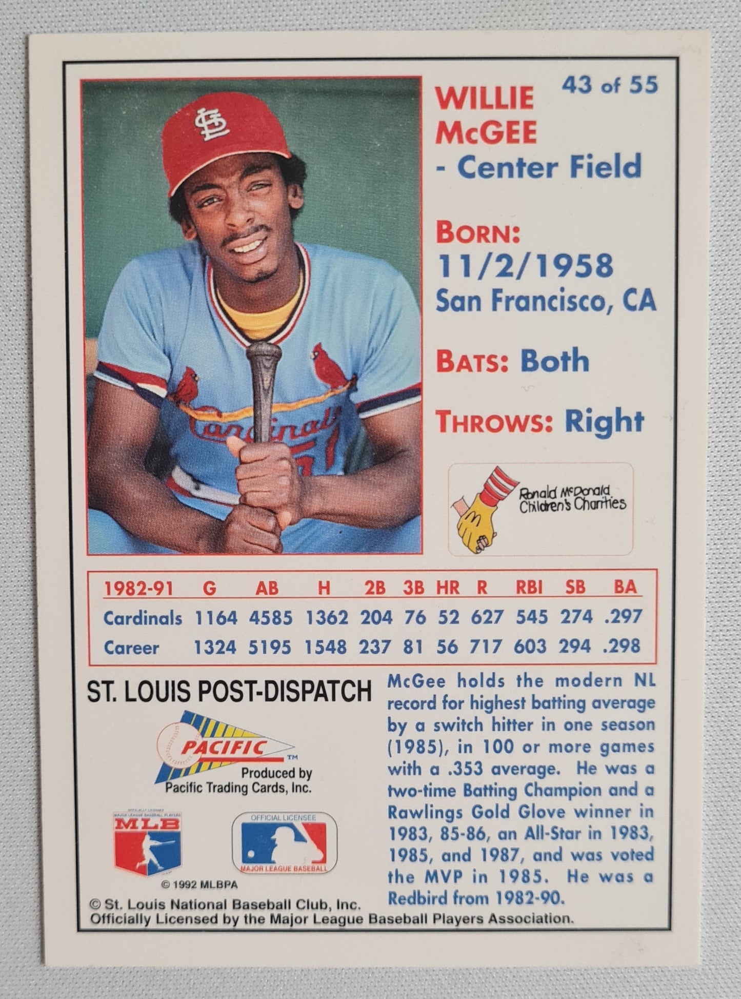 Willie McGee - 1992 Pacific Trading Cards #43 of 55 MLB St. Louis