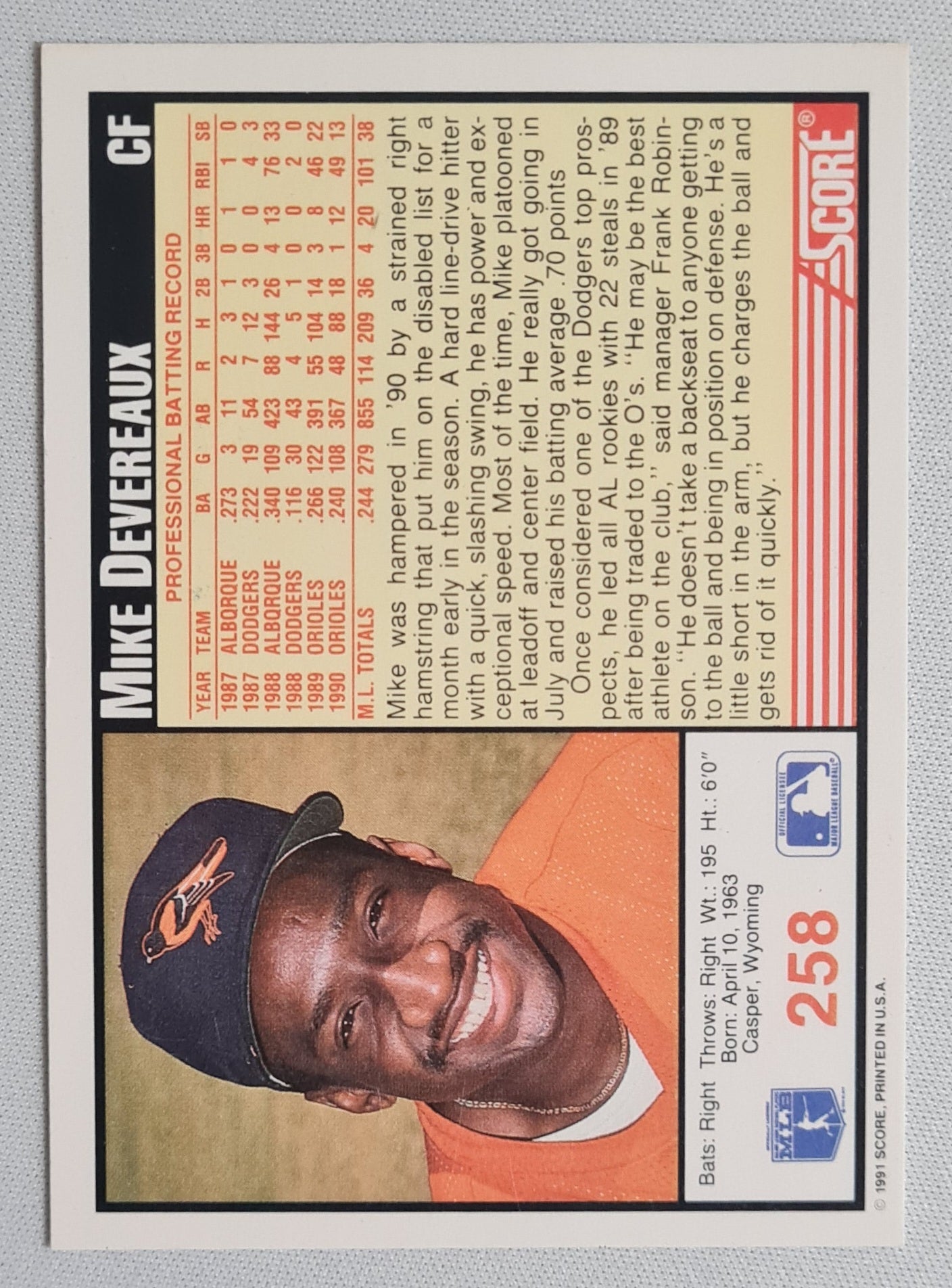 Mike Devereaux - 1991 Score MLB #258 Baltimore Orioles