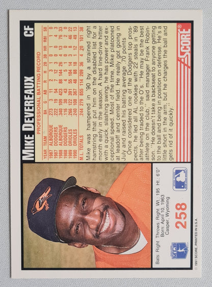 Mike Devereaux - 1991 Score MLB #258 Baltimore Orioles