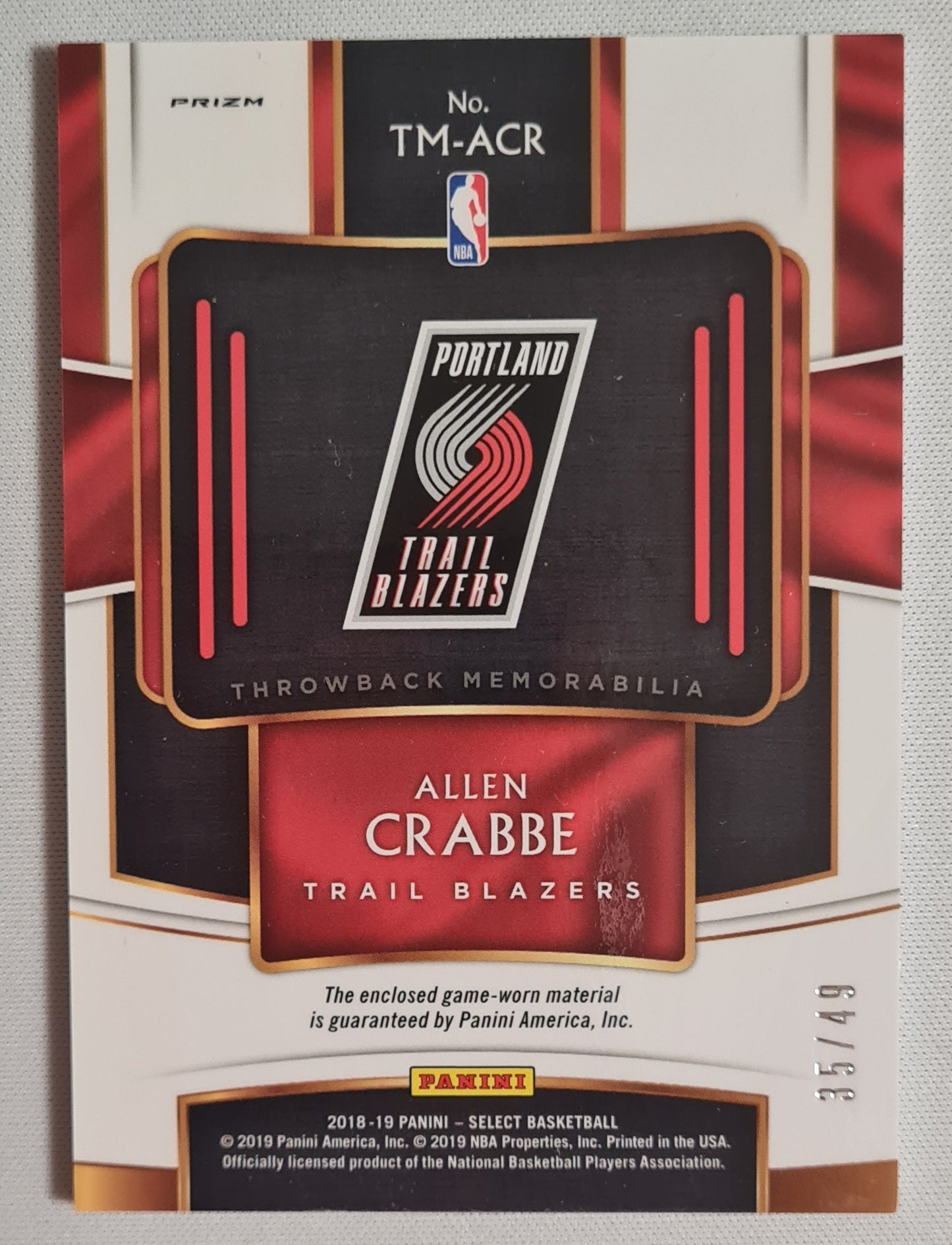 Allen Crabbe -2018/19 Panini Select Basketball #TM-AR Game-worn Patch/Material NBA Portland Trail Blazers /49