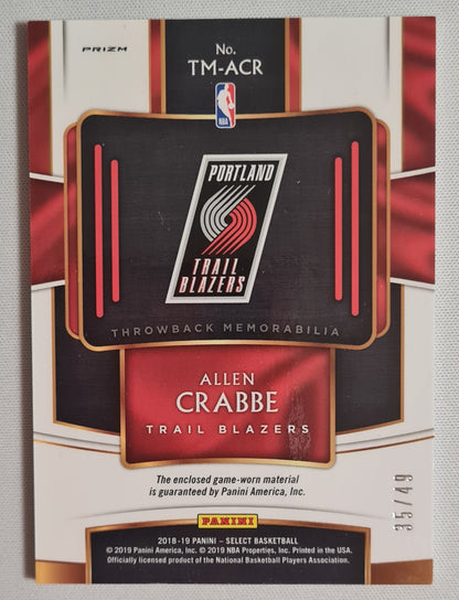Allen Crabbe -2018/19 Panini Select Basketball #TM-AR Game-worn Patch/Material NBA Portland Trail Blazers /49