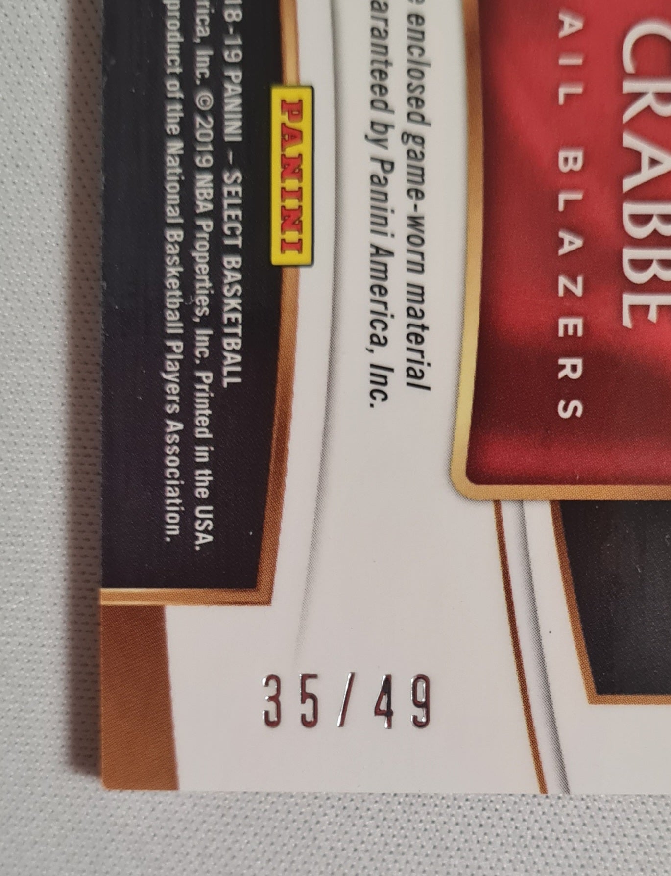 Allen Crabbe -2018/19 Panini Select Basketball #TM-AR Game-worn Patch/Material NBA Portland Trail Blazers /49