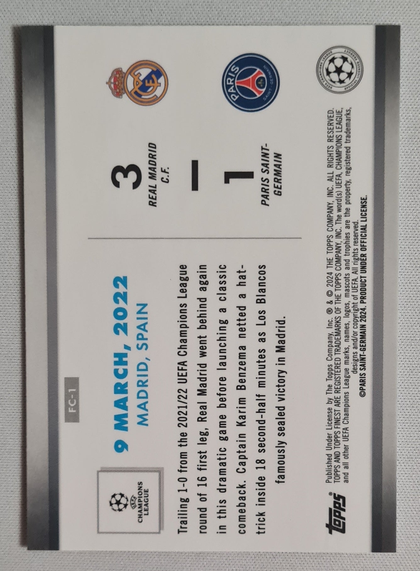 Featuring Benzema - 2024 Topps Finest "Comebacks" FC-1 - Real Madrid vs PSG Holo