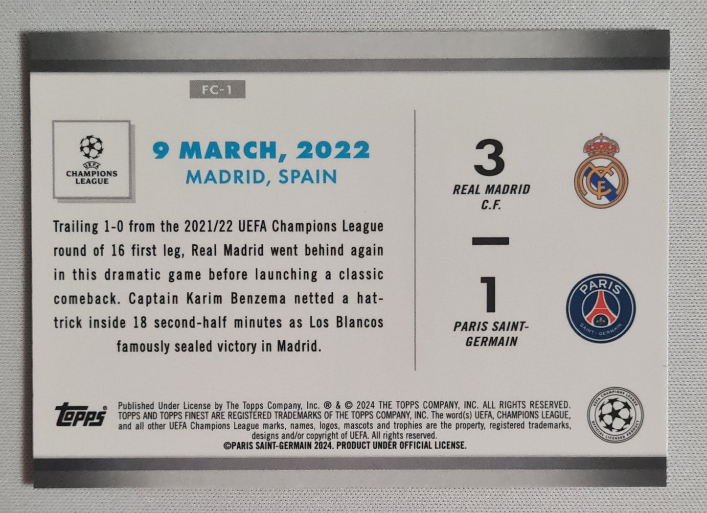 Featuring Benzema - 2024 Topps Finest "Comebacks" FC-1 - Real Madrid vs PSG Holo