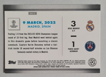 Featuring Benzema - 2024 Topps Finest "Comebacks" FC-1 - Real Madrid vs PSG Holo