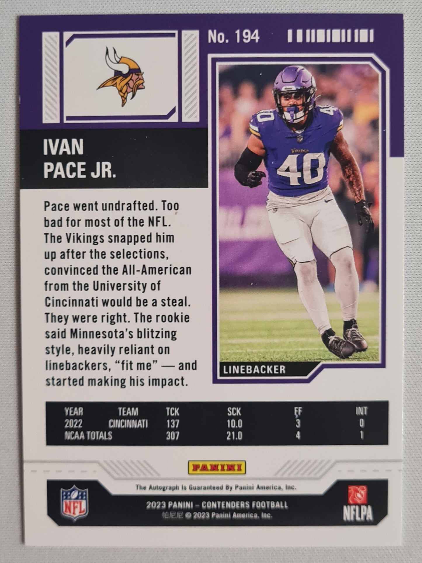 Ivan Pace JR - 2023 Panini Contenders Midfield Ticket Autograph /50 Minnesota Vikings #194