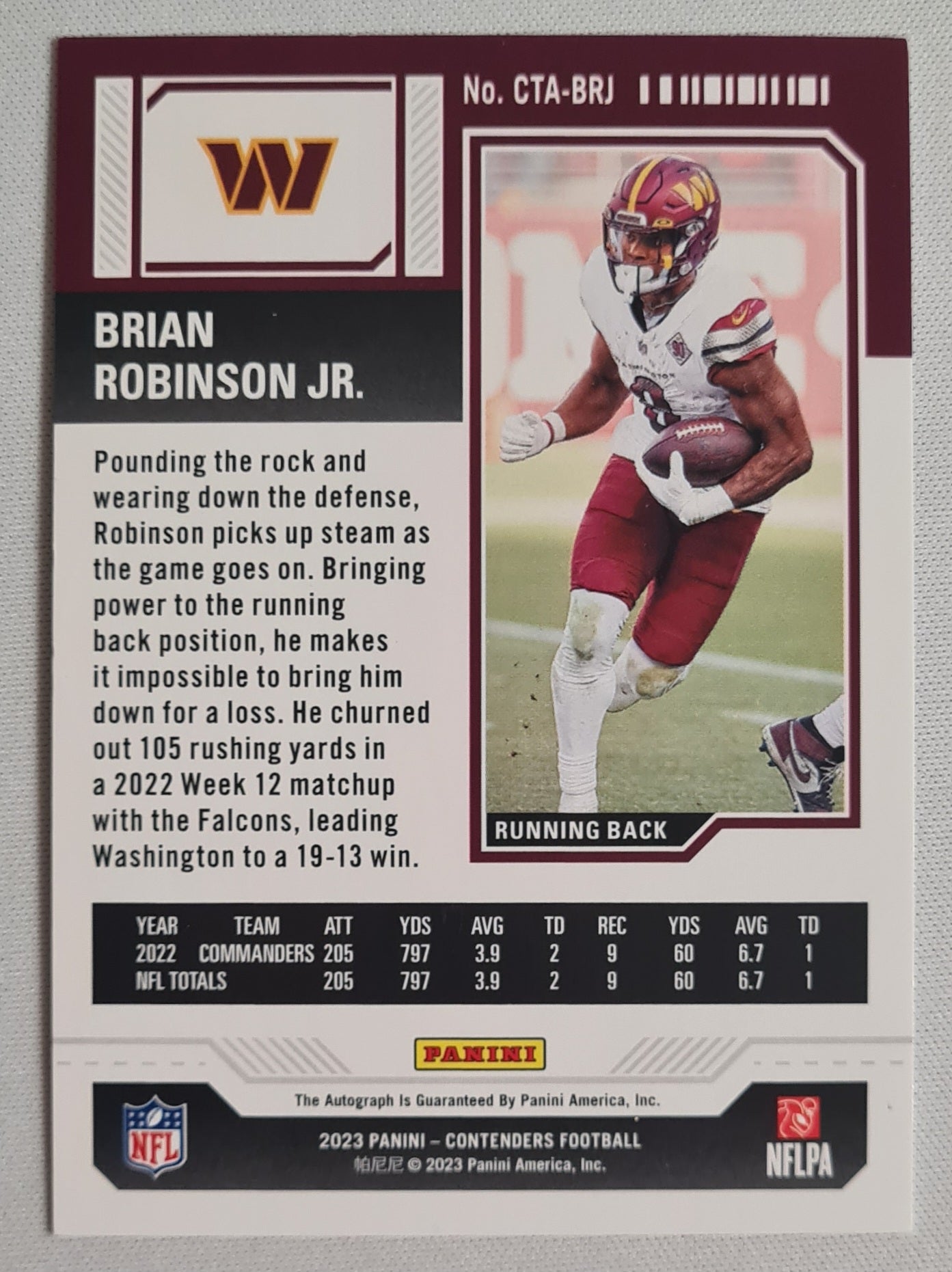 Brian Robinson Jr. - 2023 Panini Contenders Divisional Ticket /99 Autograph Washington Commanders #CTA-BRJ
