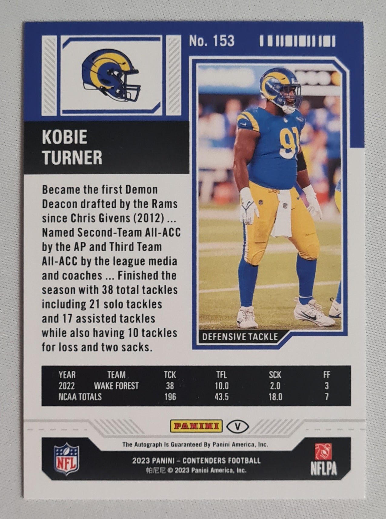Kobie Turner - 2023 Panini Contenders Rookie Variation Cracked Ice Ticket Autograph /23 Los Angeles Rams