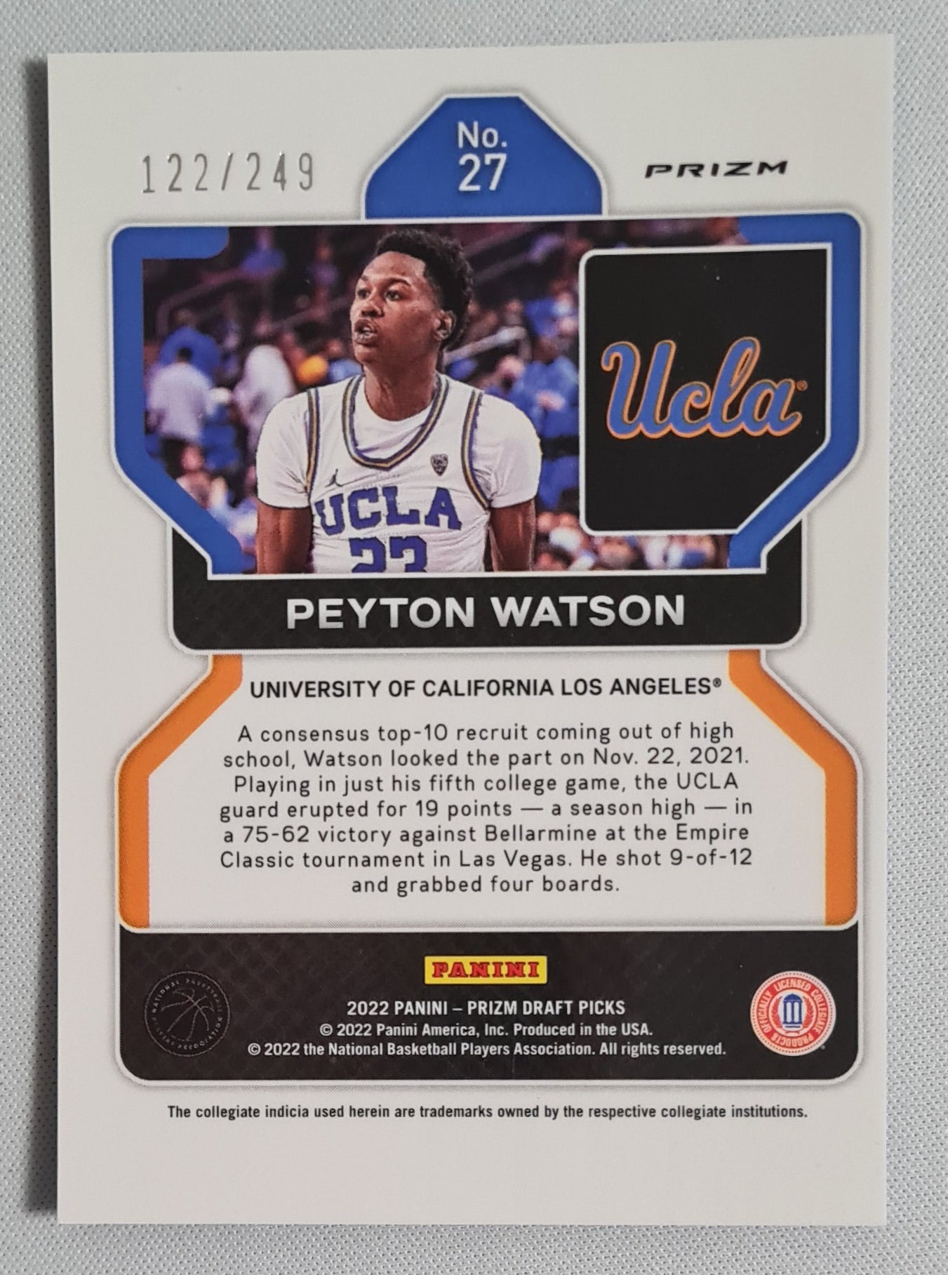 Peyton Watson - 2022 Panini Prizm Draft Picks /249 Blue Wave #27 UCLA