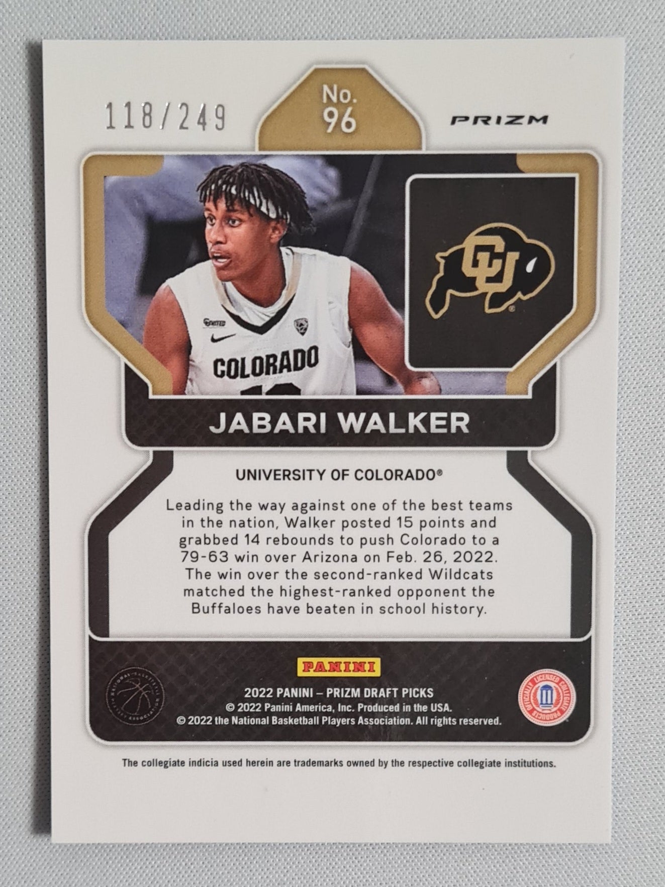 Jabari Walker - 2022 Panini Prizm Draft Picks /249 Blue Wave #96 University of Colorado
