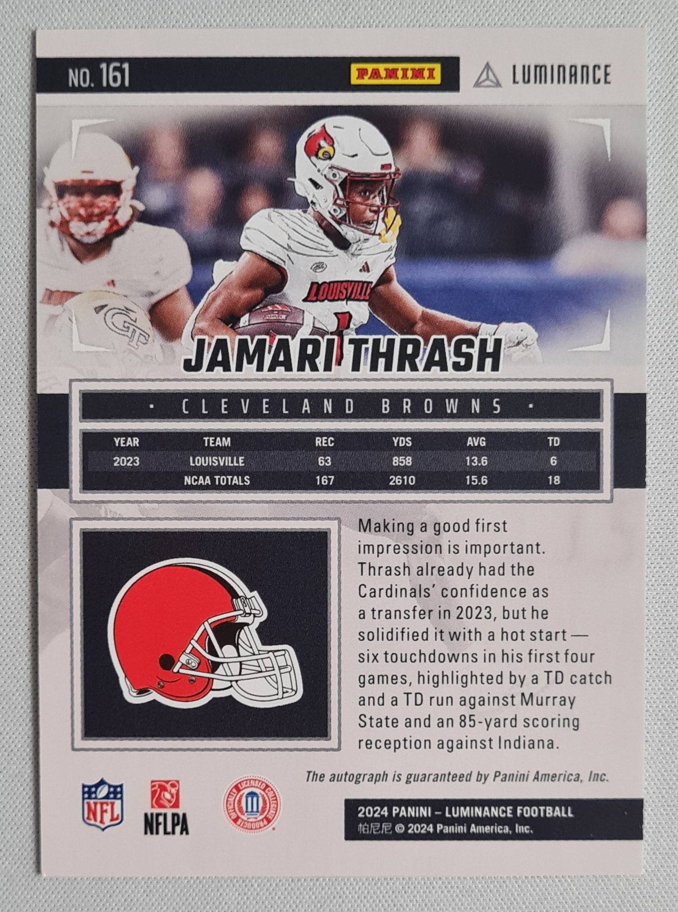 Jamari Thrash - 2024 Panini Luminance Football Yellow #161 (RC) Browns /100 + Autograph